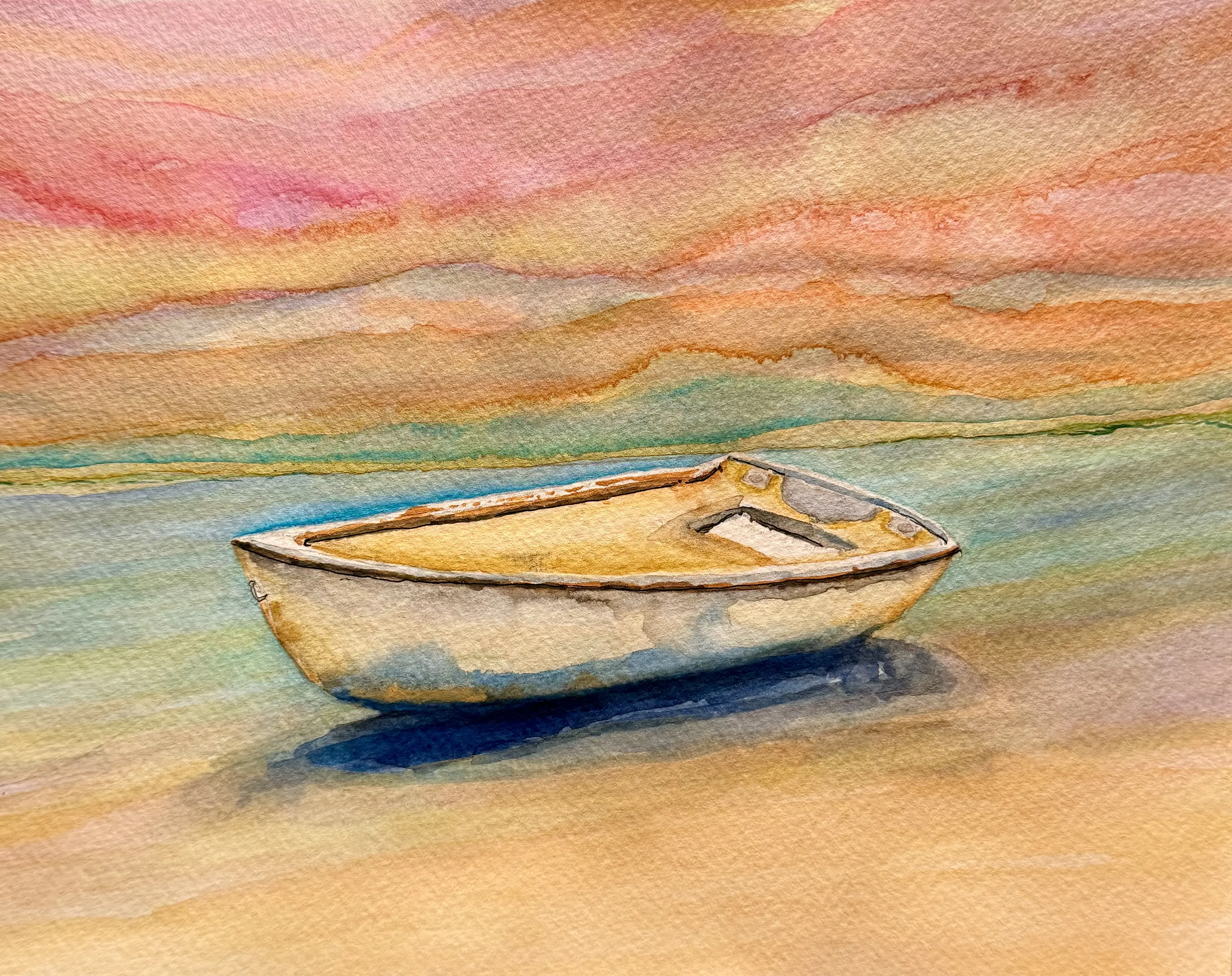 Watercolor painting of a small boat by the sea