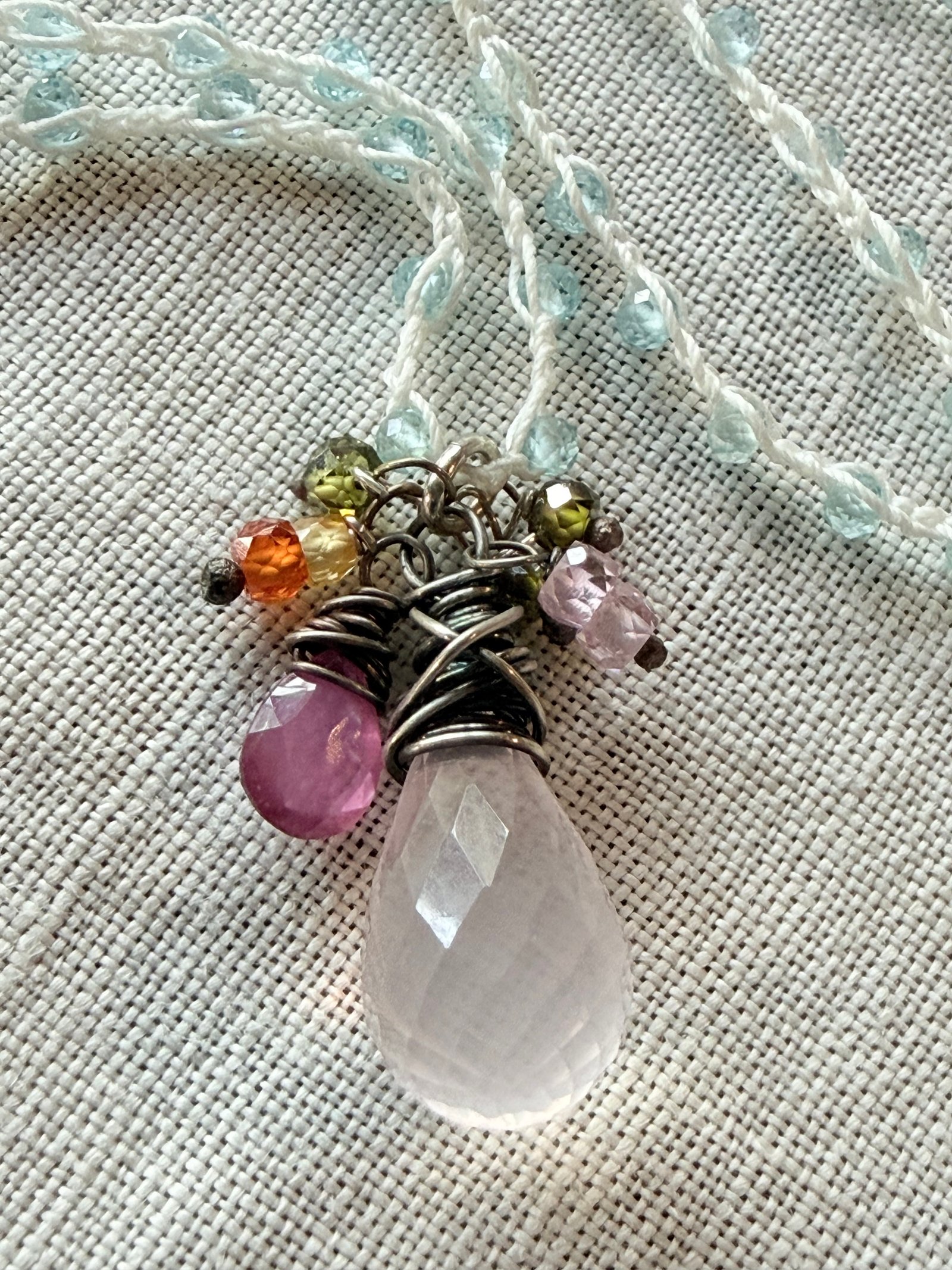 Hand-crocheted necklace with twin blush gemstone drops and silver wirework